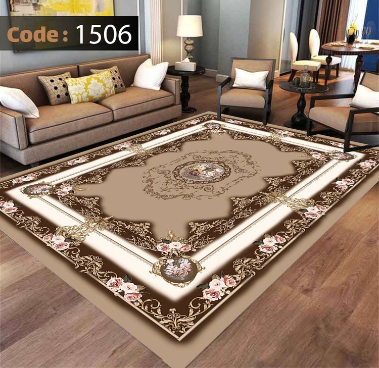 کاورفرش روفرشی دورکشدار گوشه لیفه ای کرم قهوه ای کد 1506
