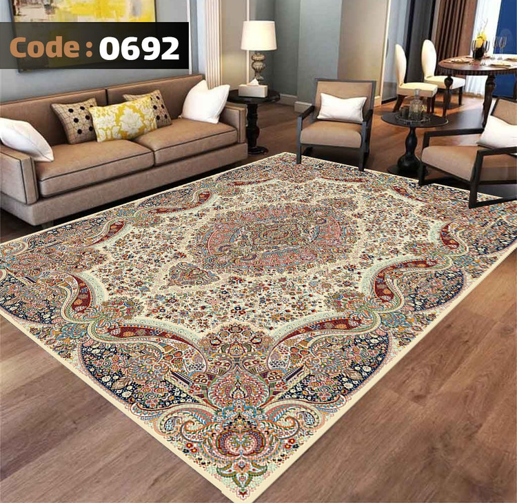 کاورفرش روفرشی دورکشدار گوشه لیفه ای کرم قهوه ای کد 0692