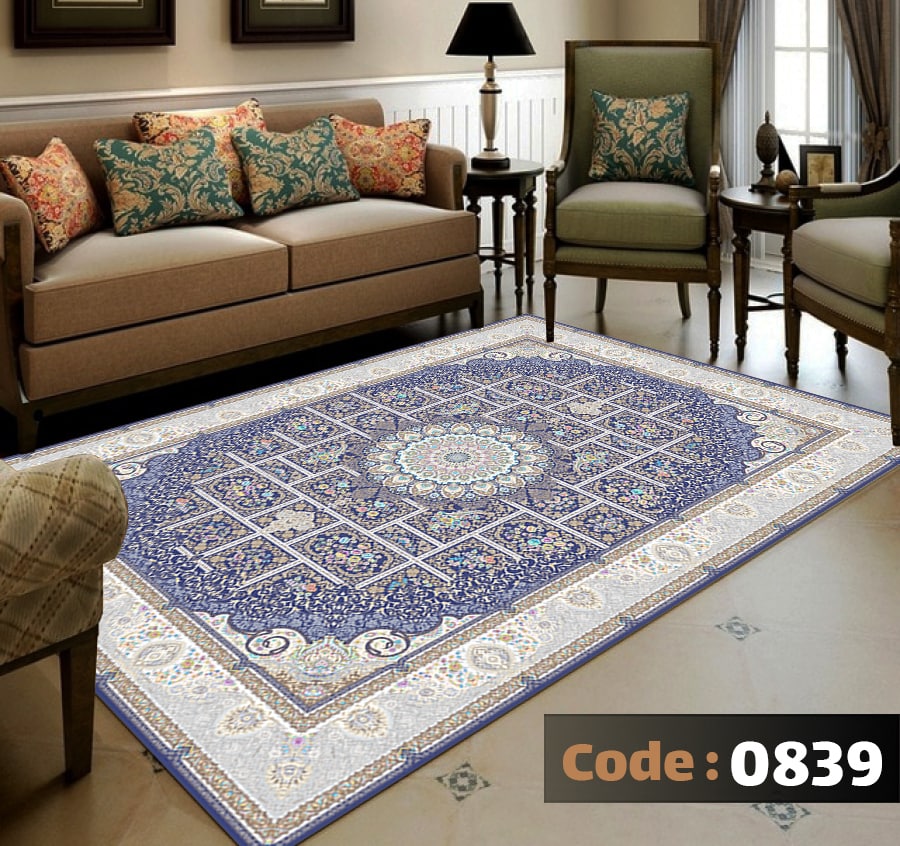 کاورفرش روفرشی دورکشدار گوشه لیفه ای لاکی آبی و متنوع کد 0839