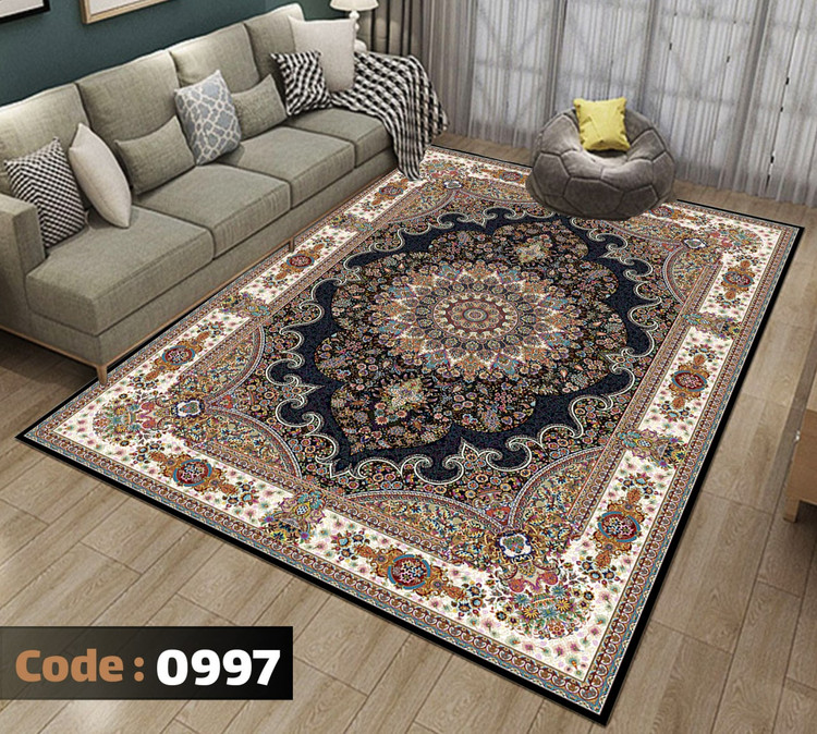 کاورفرش روفرشی دورکشدار گوشه لیفه ای کرم قهوه ای کد 0997