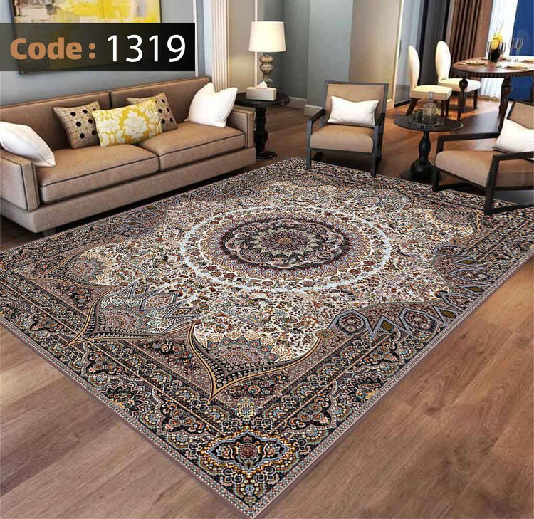 کاورفرش روفرشی دورکشدار گوشه لیفه ای کرم قهوه ای کد 1319