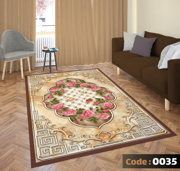 کاورفرش روفرشی دورکشدار گوشه لیفه ای کرم قهوه ای کد 0035