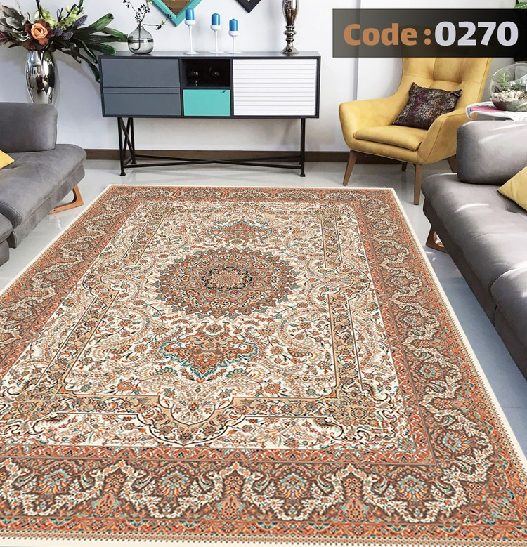 کاورفرش روفرشی دورکشدار گوشه لیفه ای کرم قهوه ای کد 0270