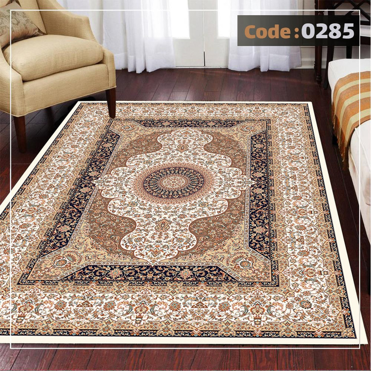 کاورفرش روفرشی دورکشدار گوشه لیفه ای کرم قهوه ای کد 0285