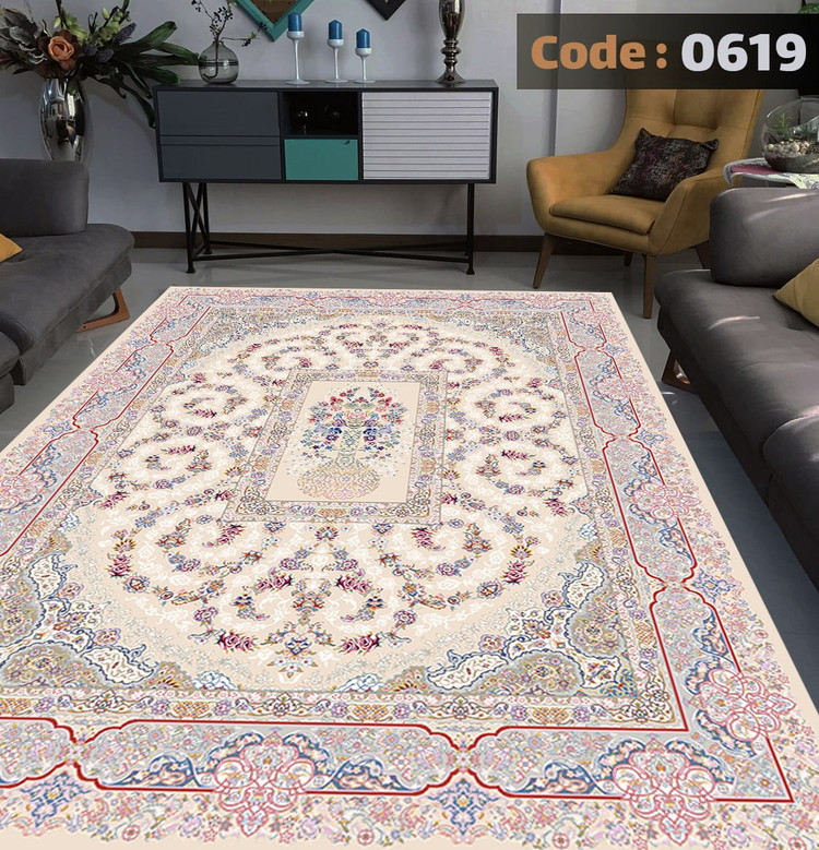 کاورفرش روفرشی دورکشدار گوشه لیفه ای کرم قهوه ای کد 0619