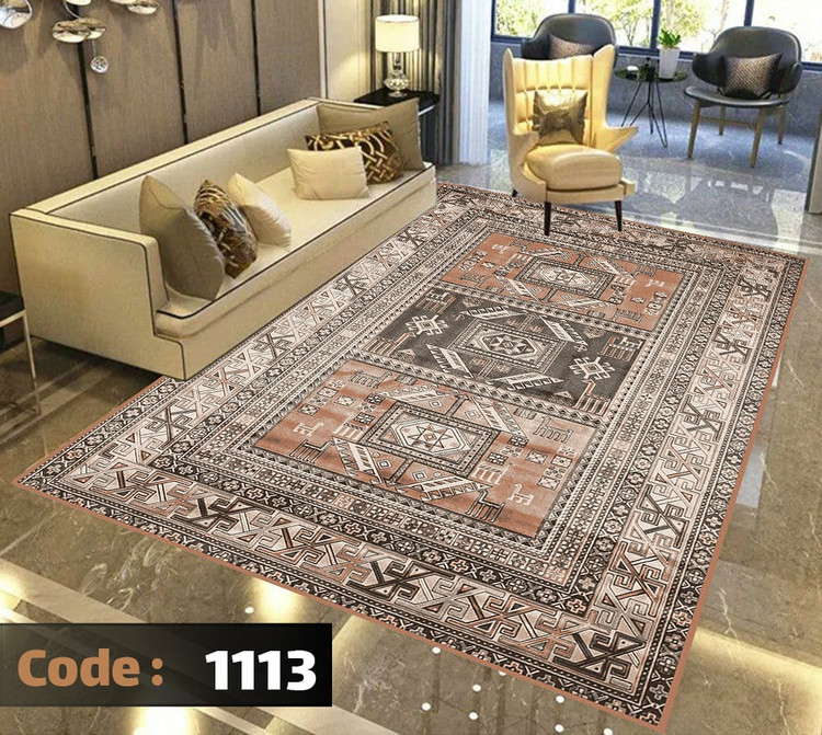 کاورفرش روفرشی دورکشدار گوشه لیفه ای کرم قهوه ای کد 1113