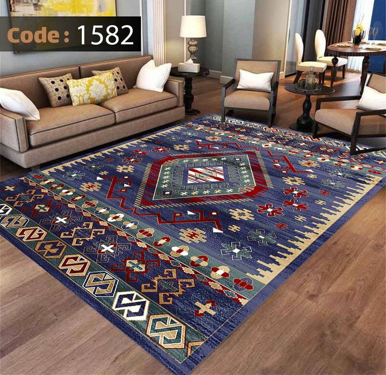 کاورفرش روفرشی دورکشدار گوشه لیفه ای لاکی ، آبی و متنوع کد 1582