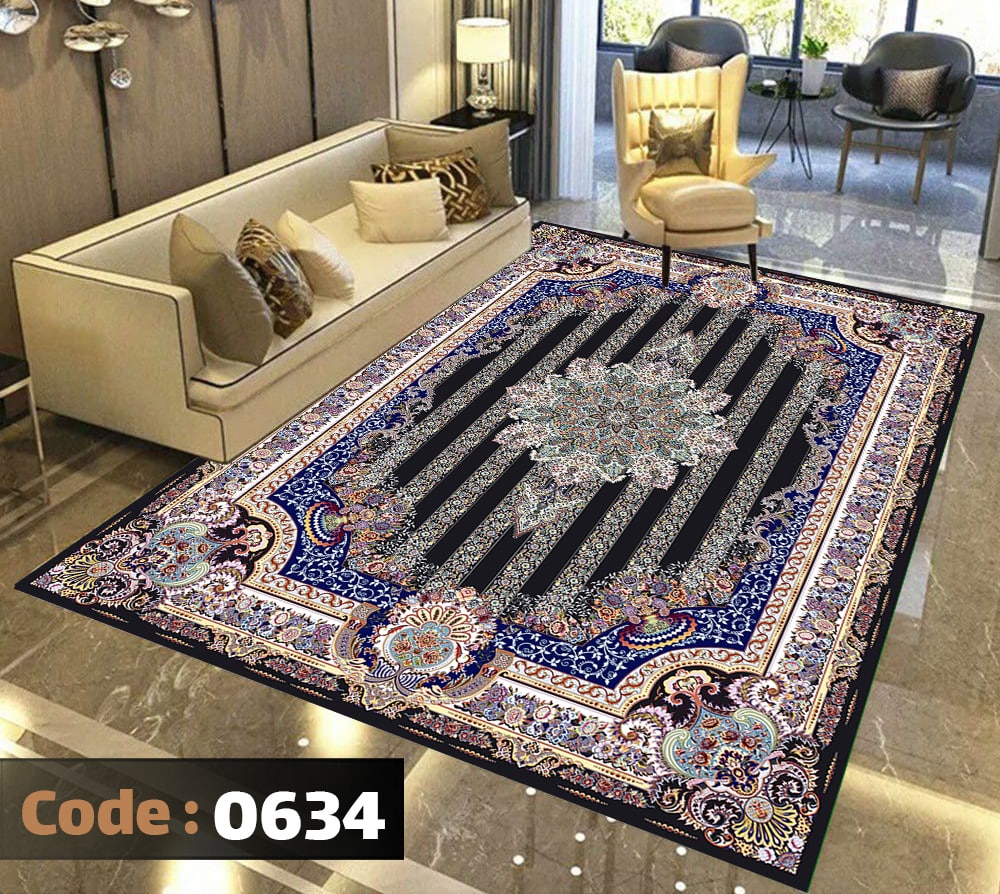 کاورفرش روفرشی دورکشدار گوشه لیفه ای لاکی ، آبی و متنوع کد 0634