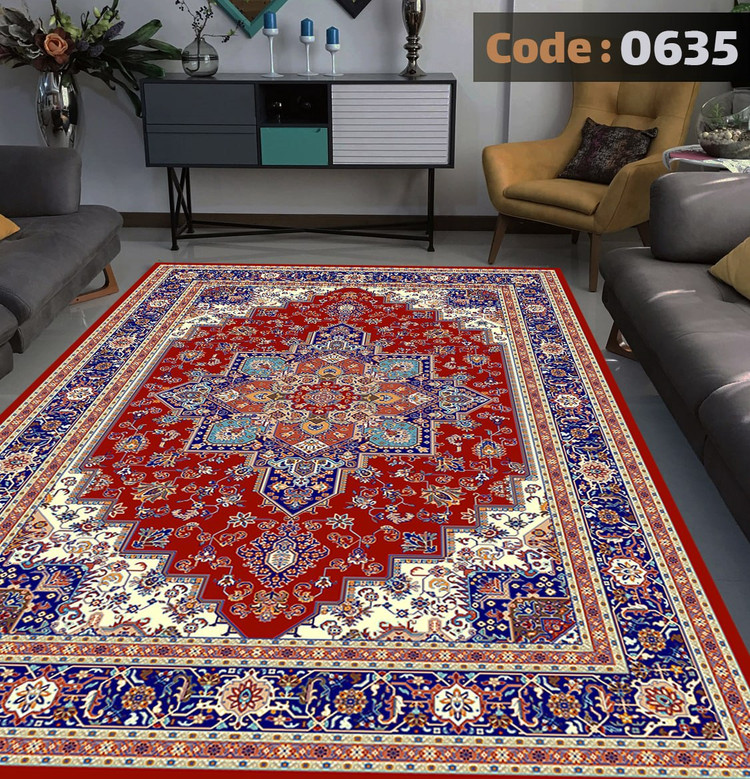 کاورفرش روفرشی دورکشدار گوشه لیفه ای لاکی ، آبی و متنوع کد 0635