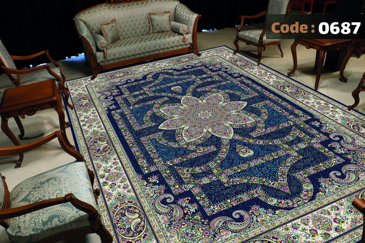 کاورفرش روفرشی دورکشدار گوشه لیفه ای لاکی ، آبی و متنوع کد 0687