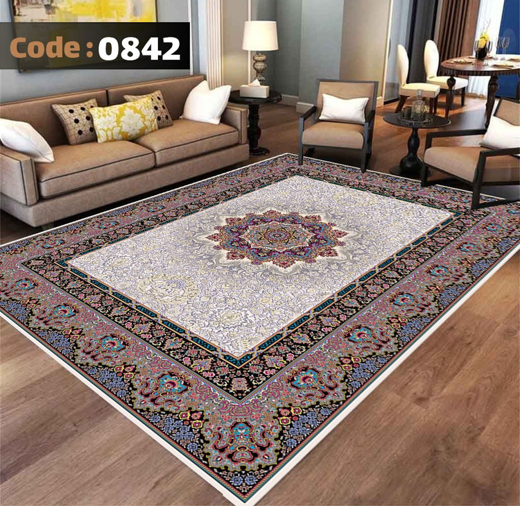 کاورفرش روفرشی دورکشدار گوشه لیفه ای لاکی ، آبی و متنوع کد 0842