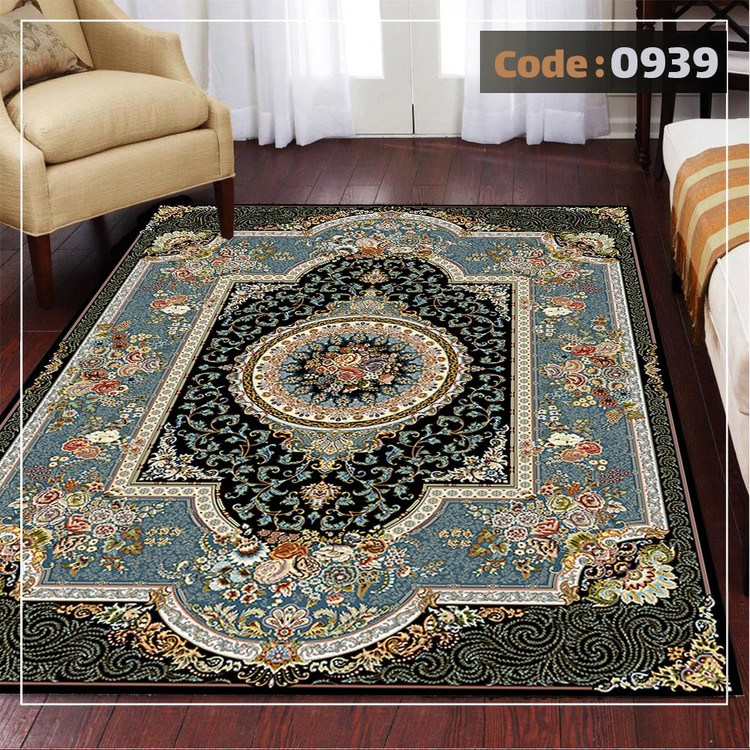 کاورفرش روفرشی دورکشدار گوشه لیفه ای لاکی ، آبی و متنوع کد 0939