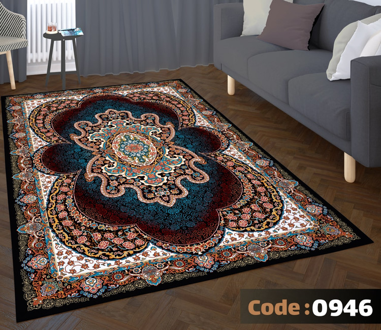 کاورفرش روفرشی دورکشدار گوشه لیفه ای لاکی ، آبی و متنوع کد 0946