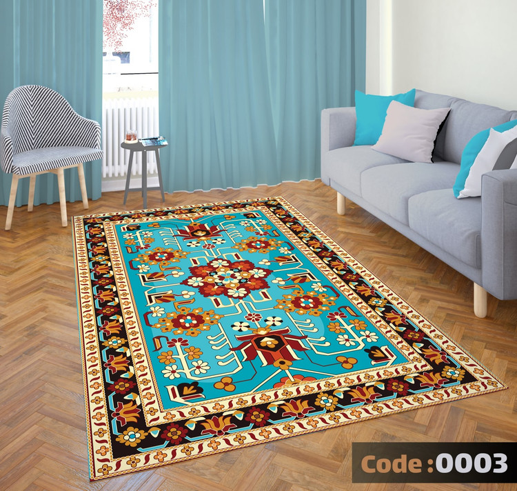 کاورفرش روفرشی دورکشدار گوشه لیفه ای لاکی ، آبی و متنوع کد 0003