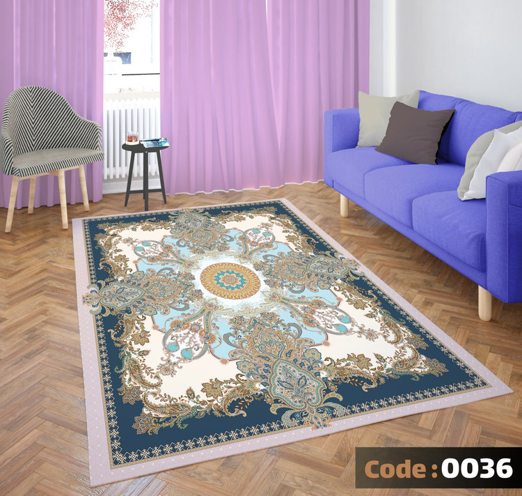 کاورفرش روفرشی دورکشدار گوشه لیفه ای لاکی ، آبی و متنوع کد 0036