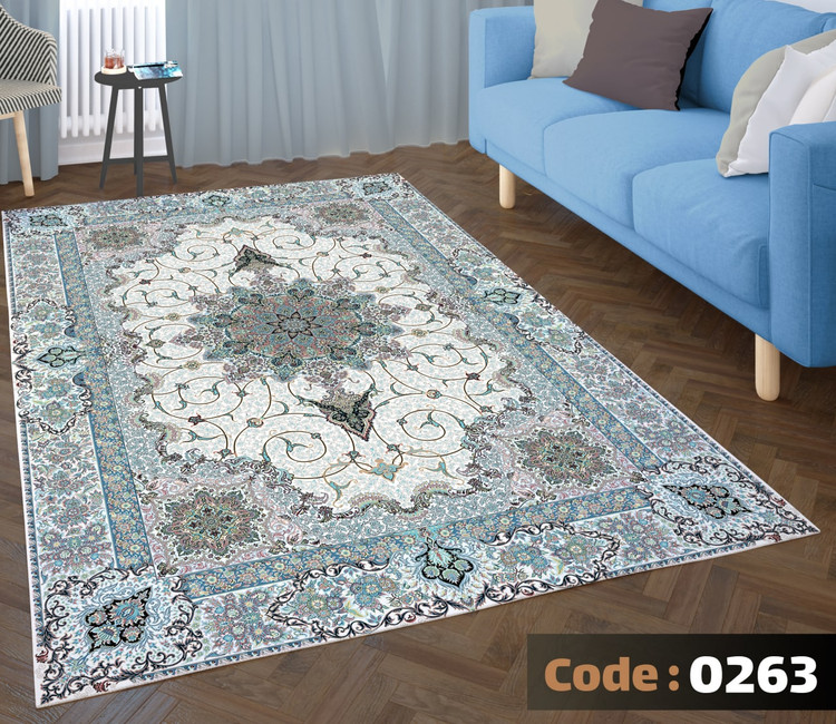 کاورفرش روفرشی دورکشدار گوشه لیفه ای لاکی ، آبی و متنوع کد 0263