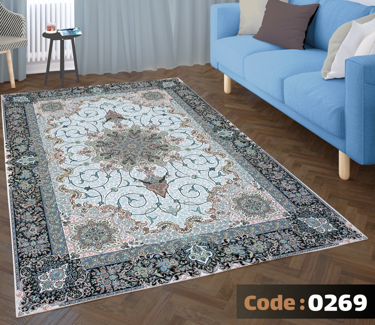 کاورفرش روفرشی دورکشدار گوشه لیفه ای لاکی ، آبی و متنوع کد 0269