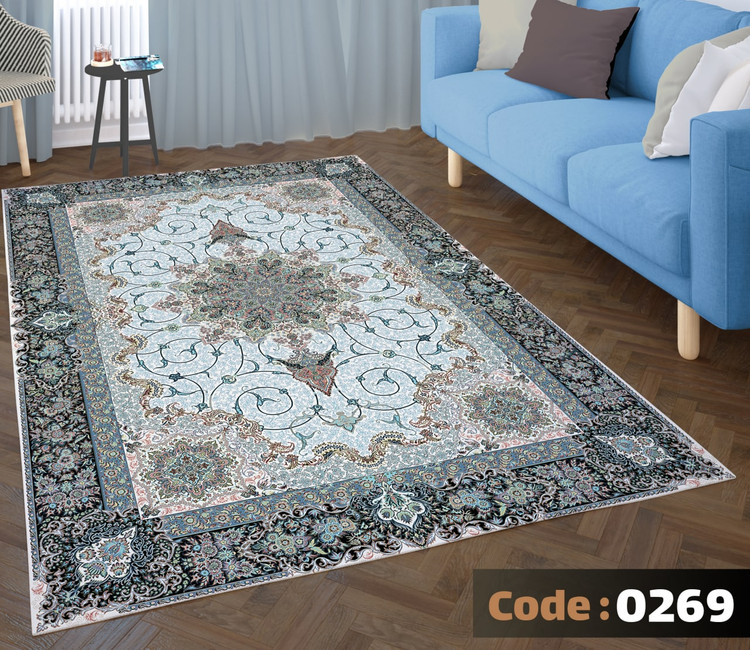 کاورفرش روفرشی دورکشدار گوشه لیفه ای لاکی ، آبی و متنوع کد 0269