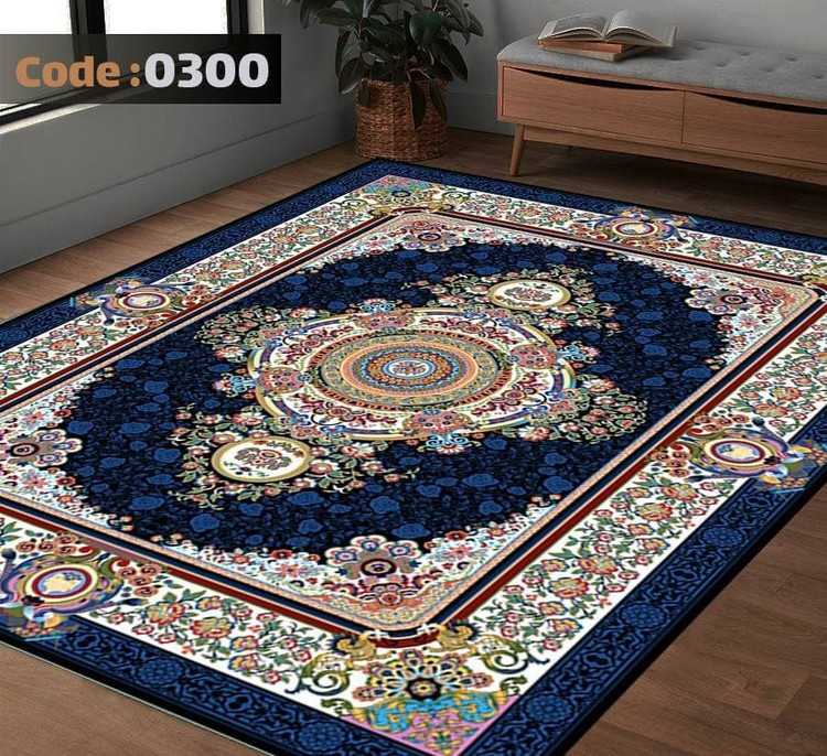 کاورفرش روفرشی دورکشدار گوشه لیفه ای لاکی ، آبی و متنوع کد 0300