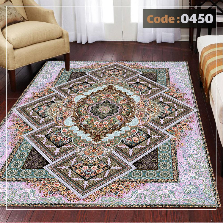 کاورفرش روفرشی دورکشدار گوشه لیفه ای لاکی ، آبی و متنوع کد 0450