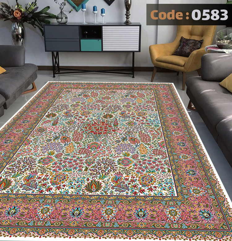 کاورفرش روفرشی دورکشدار گوشه لیفه ای لاکی ، آبی و متنوع کد 0583