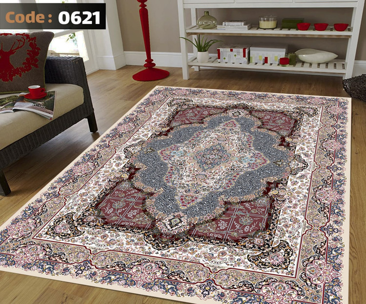 کاورفرش روفرشی دورکشدار گوشه لیفه ای لاکی ، آبی و متنوع کد 0621