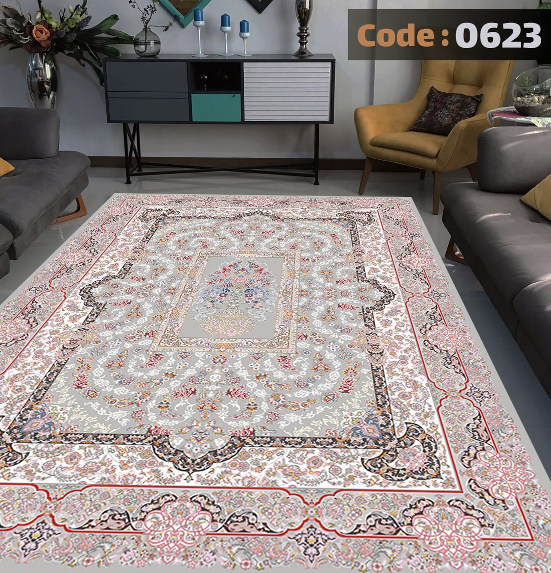 کاورفرش روفرشی دورکشدار گوشه لیفه ای لاکی ، آبی و متنوع کد 0623