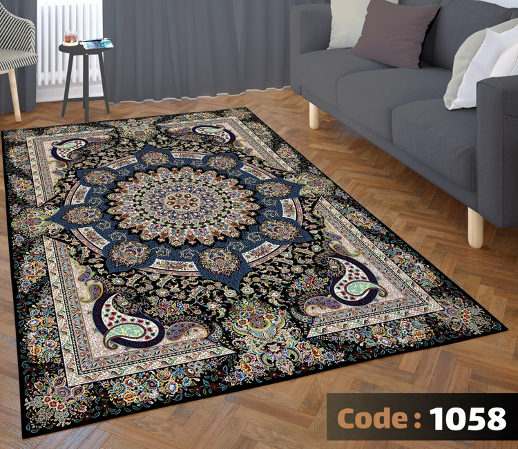 کاورفرش روفرشی دورکشدار گوشه لیفه ای لاکی ، آبی و متنوع کد 1058