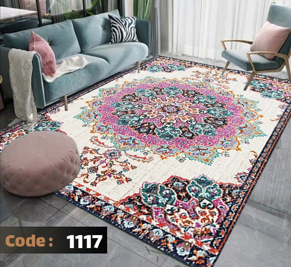 کاورفرش روفرشی دورکشدار گوشه لیفه ای لاکی ، آبی و متنوع کد 1117