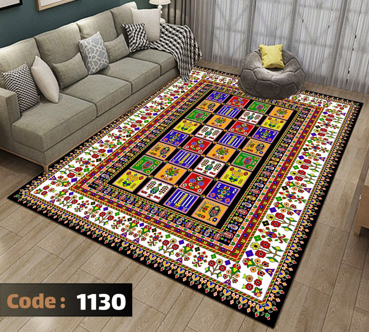 کاورفرش روفرشی دورکشدار گوشه لیفه ای لاکی ، آبی و متنوع کد 1130