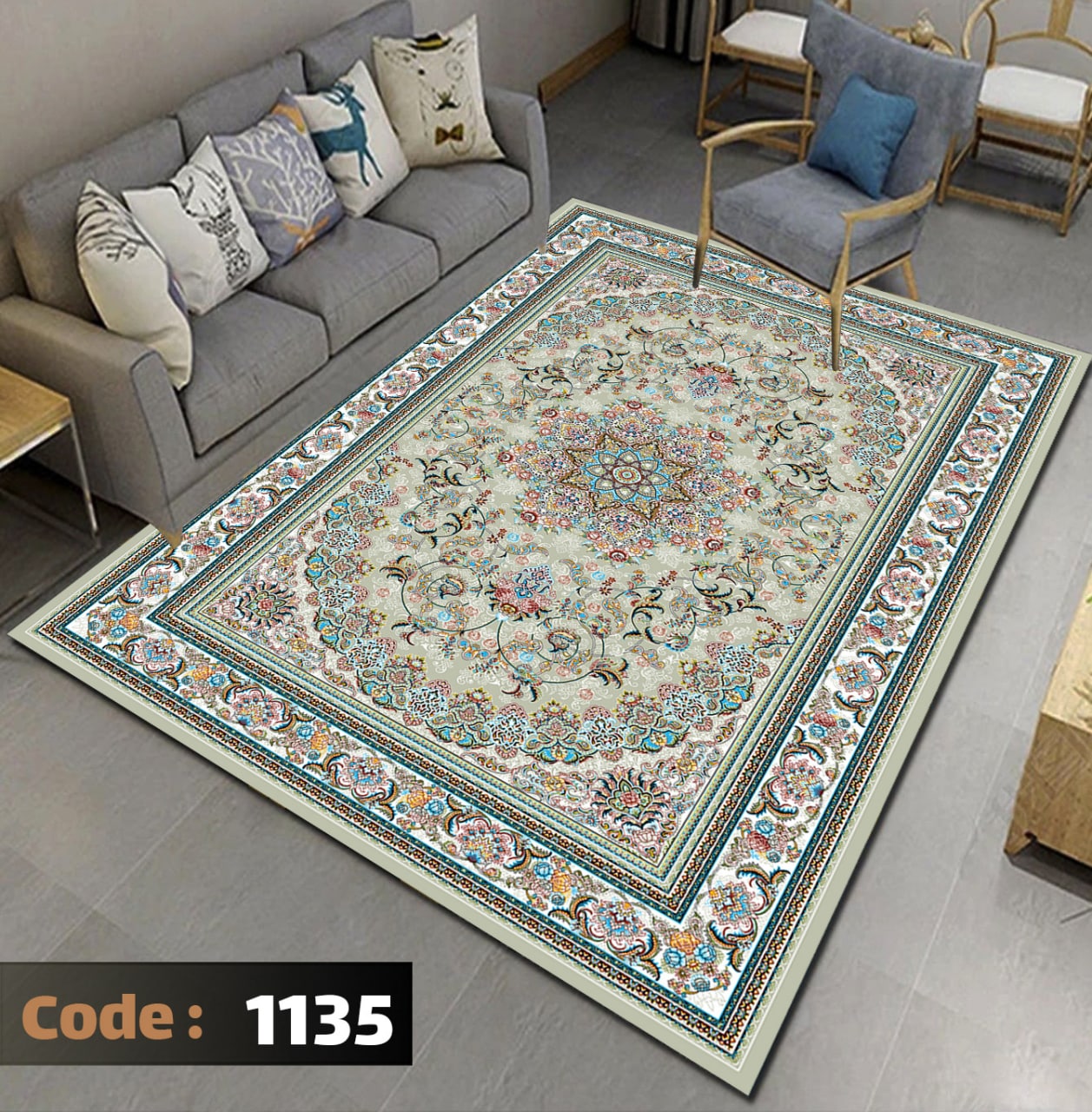کاورفرش روفرشی دورکشدار گوشه لیفه ای لاکی ، آبی و متنوع کد 1135