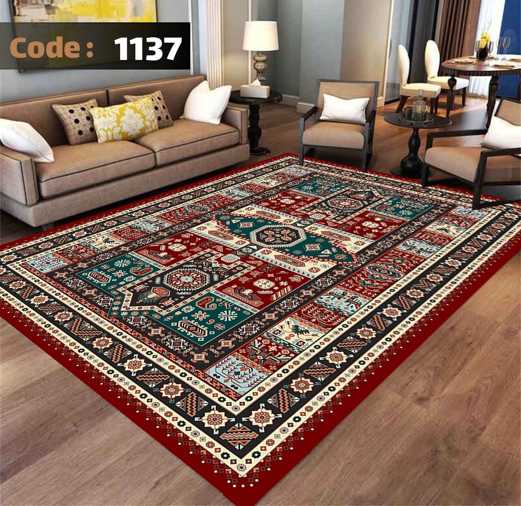 کاورفرش روفرشی دورکشدار گوشه لیفه ای لاکی ، آبی و متنوع کد 1137