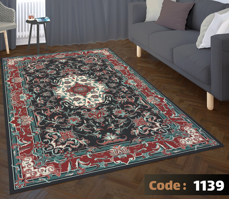 کاورفرش روفرشی دورکشدار گوشه لیفه ای لاکی ، آبی و متنوع کد 1139