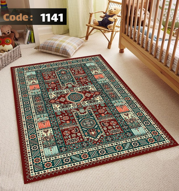 کاورفرش روفرشی دورکشدار گوشه لیفه ای لاکی ، آبی و متنوع کد 1141