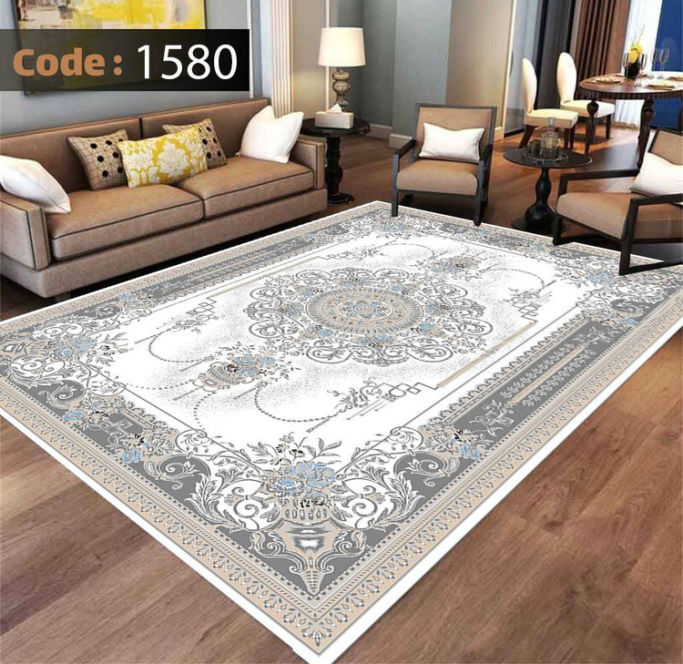 کاورفرش روفرشی دورکشدار گوشه لیفه ای طوسی کرم کد 1580