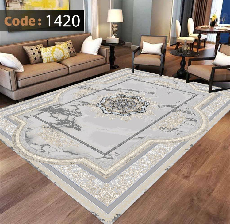 کاورفرش روفرشی دورکشدار گوشه لیفه ای طوسی کرم کد 1420
