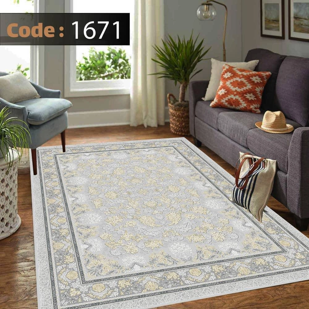 کاورفرش روفرشی دورکشدار گوشه لیفه ای طوسی کرم کد 1671 - 4 متری