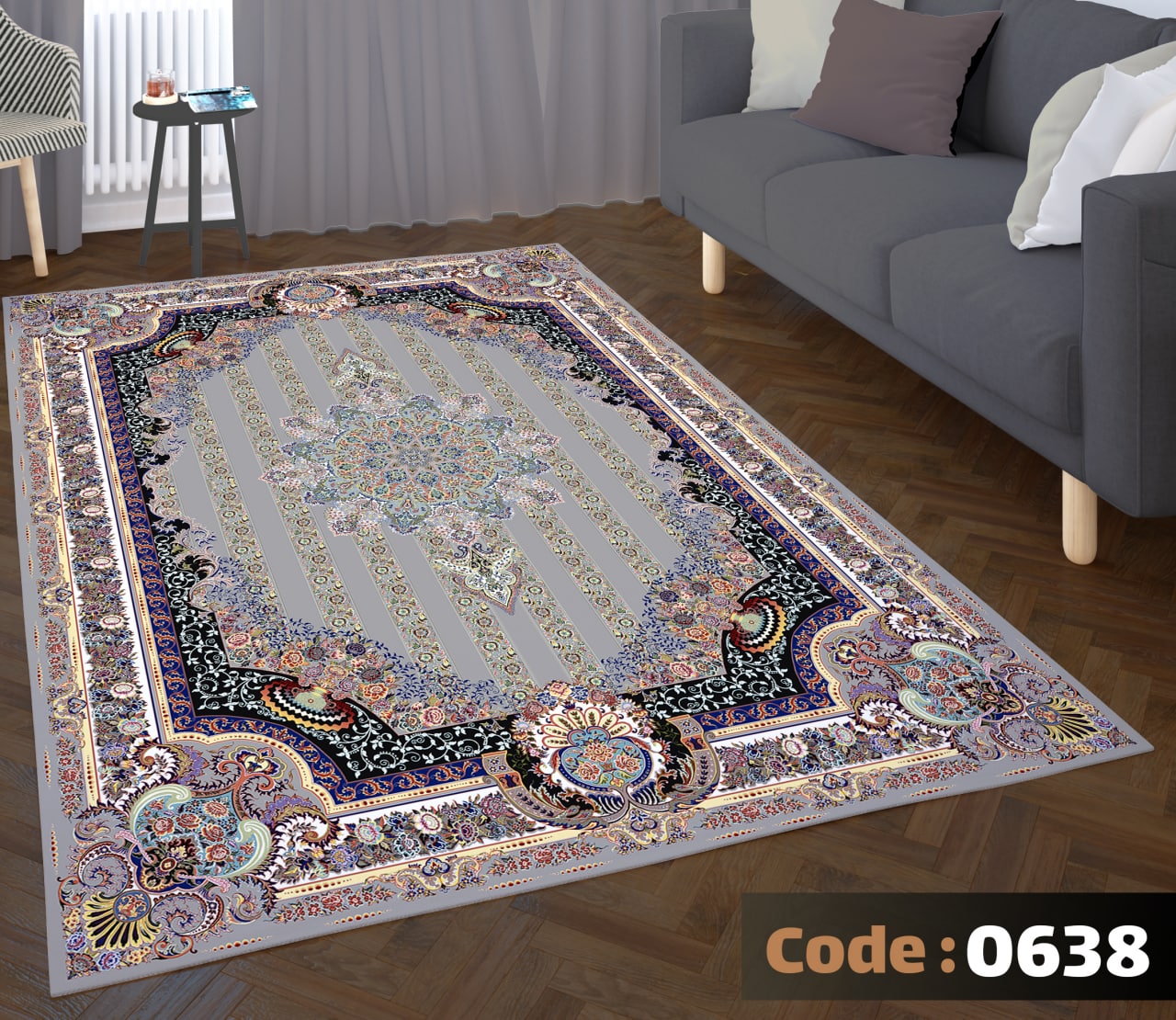 کاورفرش روفرشی دورکشدار گوشه لیفه ای طوسی کرم کد 0638
