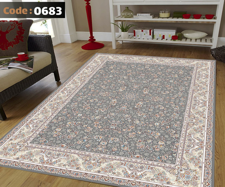 کاورفرش روفرشی دورکشدار گوشه لیفه ای طوسی کرم کد 0683
