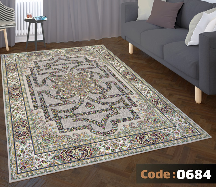 کاورفرش روفرشی دورکشدار گوشه لیفه ای طوسی کرم کد 0684