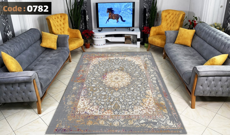 کاورفرش روفرشی دورکشدار گوشه لیفه ای طوسی کرم کد 0782