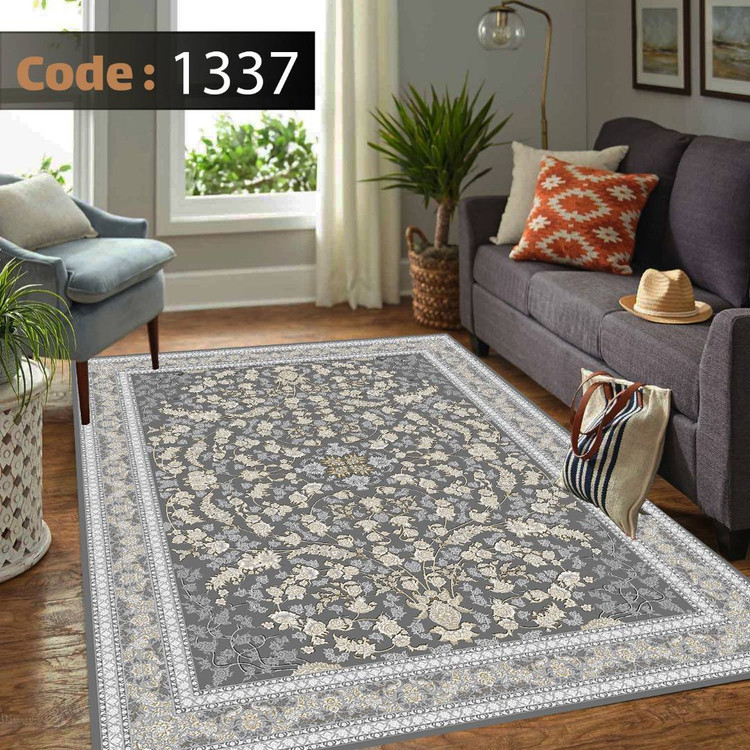 کاورفرش روفرشی دورکشدار گوشه لیفه ای طوسی کرم کد 1337