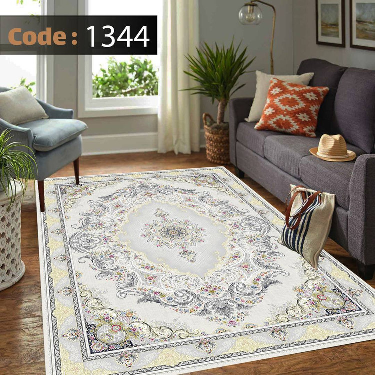 کاورفرش روفرشی دورکشدار گوشه لیفه ای طوسی کرم کد 1344