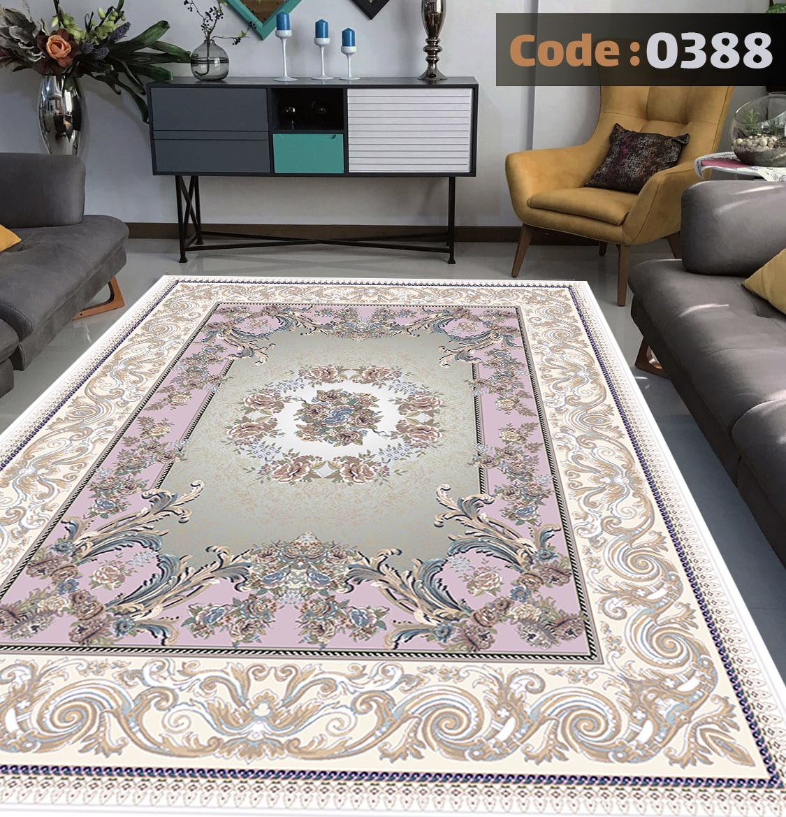 کاورفرش روفرشی دورکشدار گوشه لیفه ای طوسی کرم کد 0388