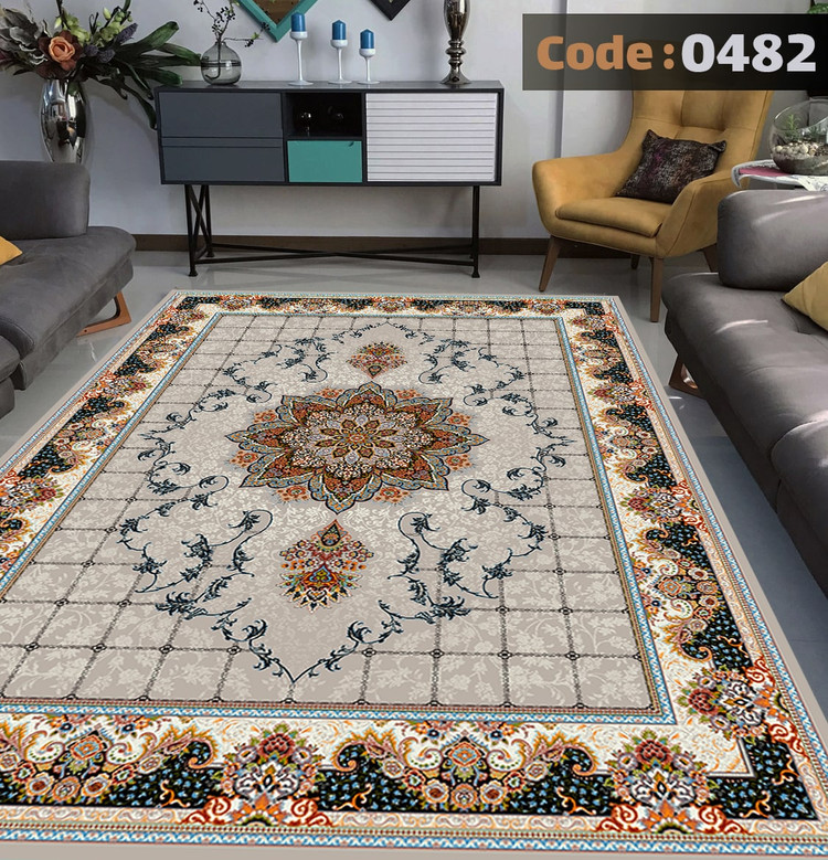 کاورفرش روفرشی دورکشدار گوشه لیفه ای طوسی کرم کد 0482
