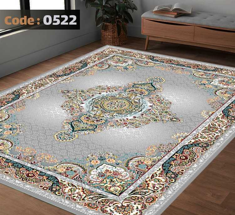 کاورفرش روفرشی دورکشدار گوشه لیفه ای طوسی کرم کد 0522