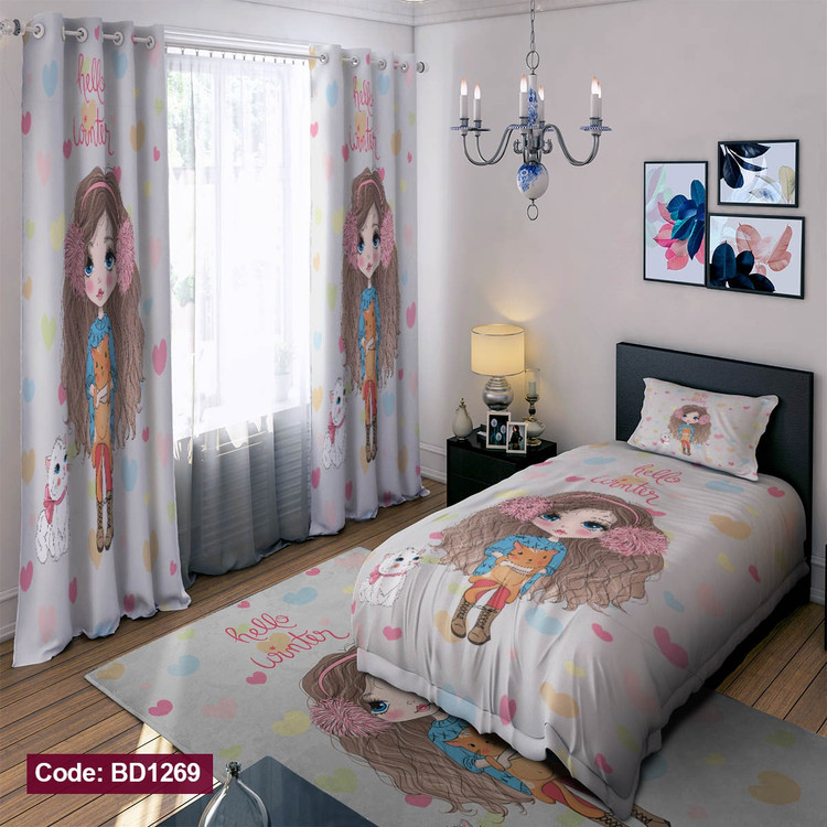 پرده پانچی مخمل چاپی دخترانه کد 1269