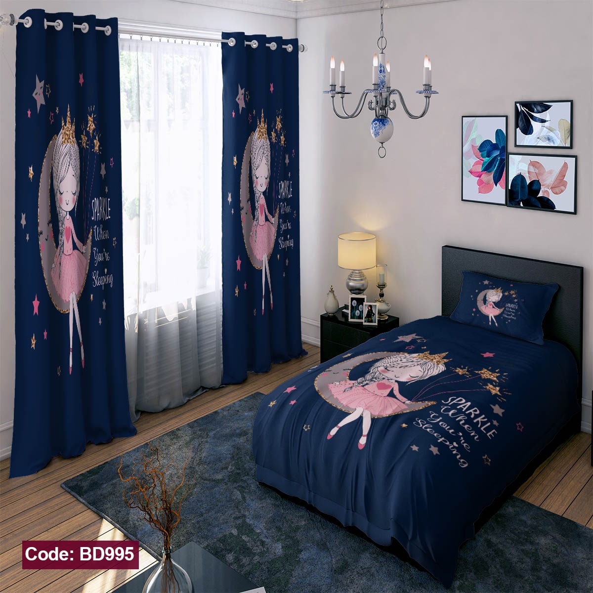 پرده پانچی مخمل چاپی دخترانه کد 995
