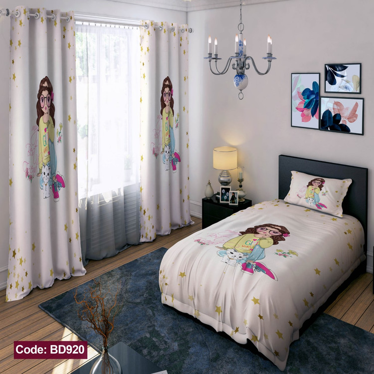 پرده پانچی مخمل چاپی دخترانه کد 920