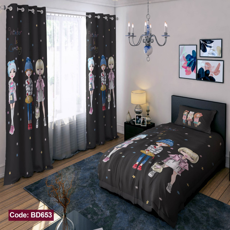 پرده پانچی مخمل چاپی دخترانه کد 653